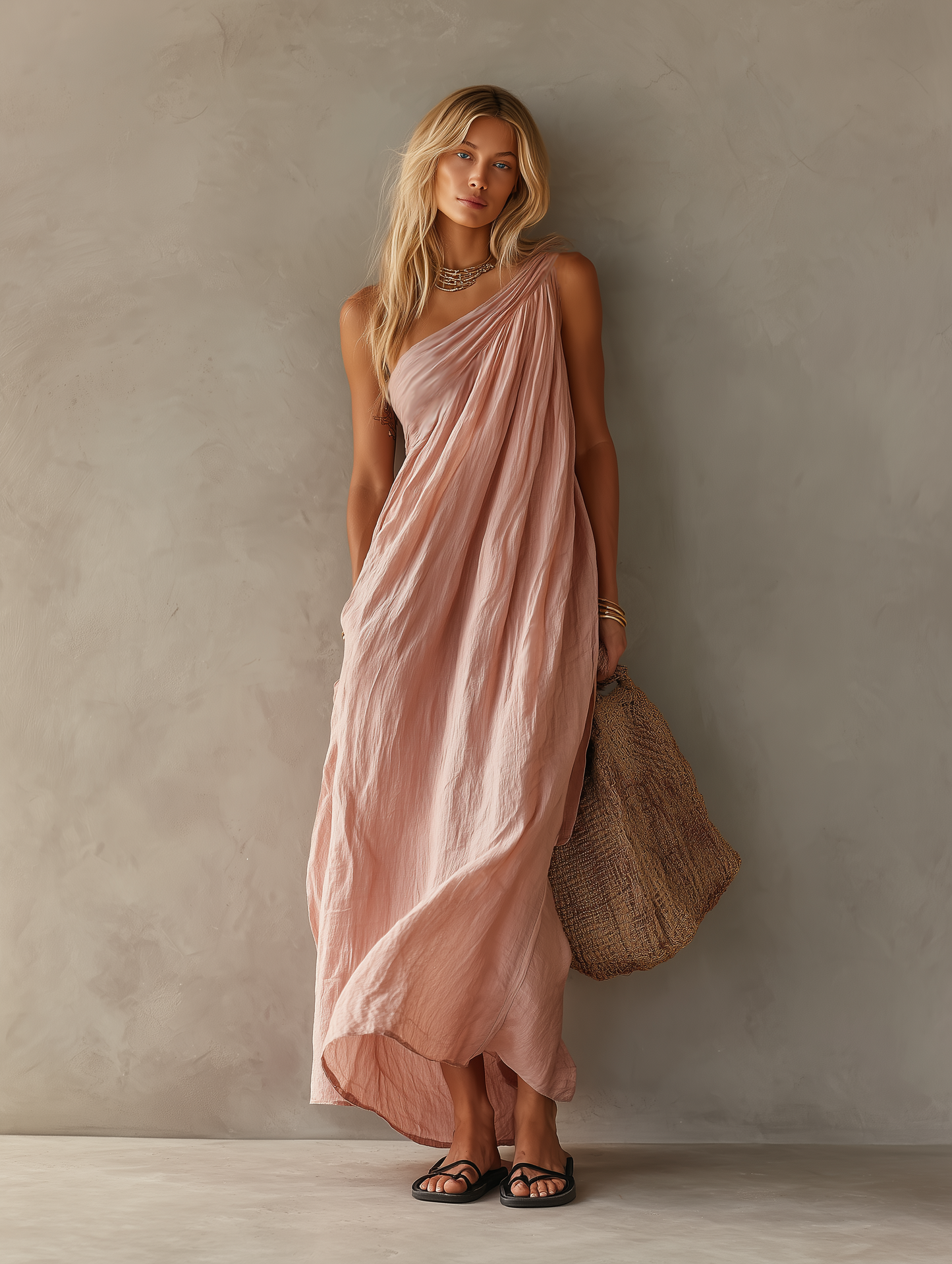 Women's Elegant Pink Cotton-Linen One-Shoulder Sleeveless Maxi Dress MDZ0829E1LXY