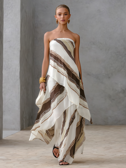 Women's Casual White And Brown Striped Chiffon Strapless Sleeveless Maxi Dress MDZ2046E1LXY