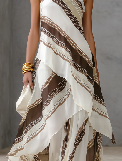 Women's Casual White And Brown Striped Chiffon Strapless Sleeveless Maxi Dress MDZ2046E1LXY