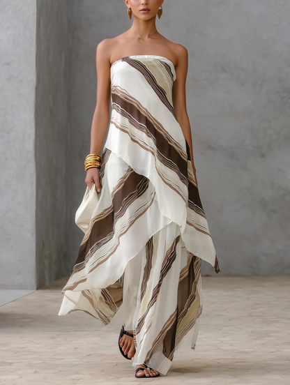 Women's Casual White And Brown Striped Chiffon Strapless Sleeveless Maxi Dress MDZ2046E1LXY