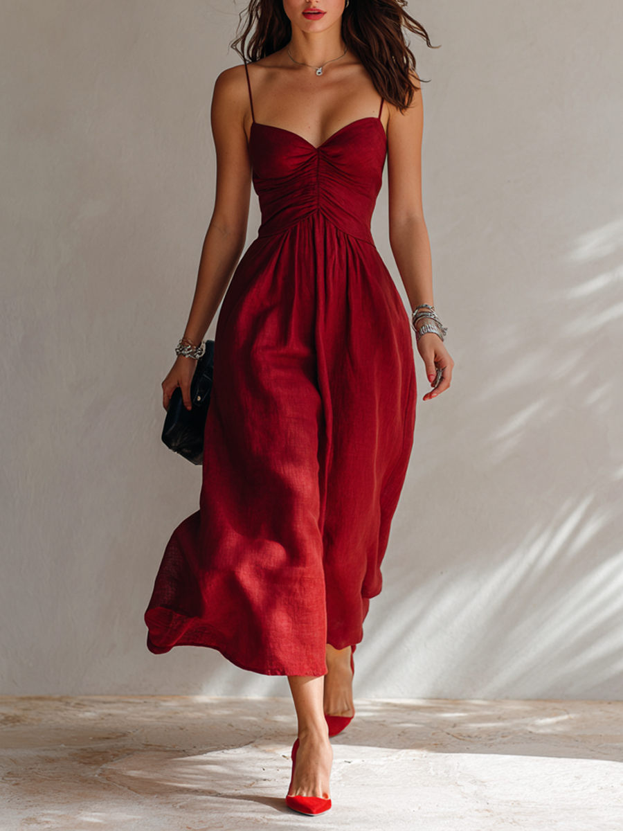 Women’s Minimalist Linen-Blend Ruched Spaghetti Strap Midi Dress MDZ2166E9ZRK