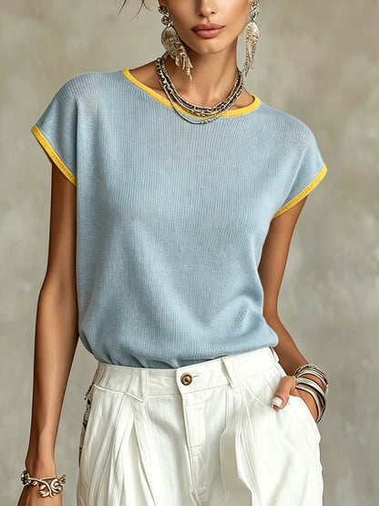 Sky Blue Knit Top with Yellow Trim