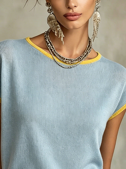 Sky Blue Knit Top with Yellow Trim
