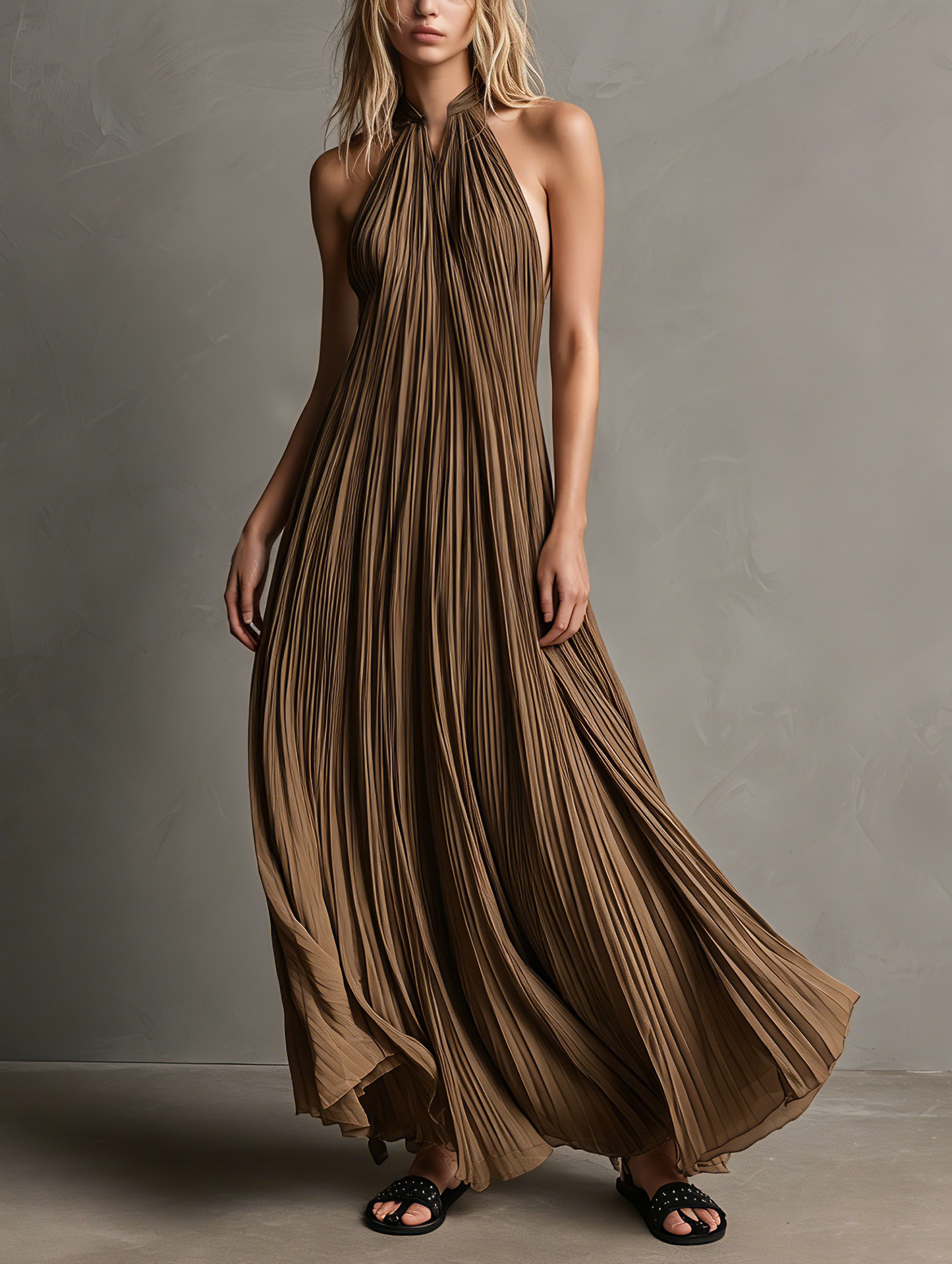 Women's Casual Brown Sleeveless Pleated Chiffon Maxi Dress MDZ1212F8LXY