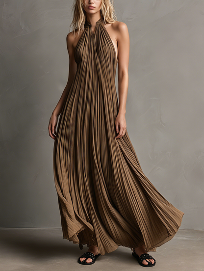 Women's Casual Brown Sleeveless Pleated Chiffon Maxi Dress MDZ1212F8LXY