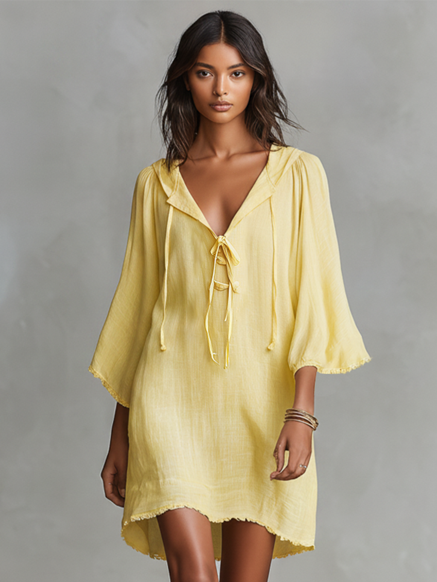 Women's Pale Yellow Flowy Linen Hooded Dress With Three Quarter Fringe Sleeves & Relaxed Fit, Contemporary Versatile Summer Dress MDZ1535F7LYL