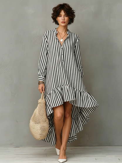 Women's Minimalist Cotton-Blend Long-Sleeve Henley Midi Dress (High-Low Hem) MDZ1697F4WY
