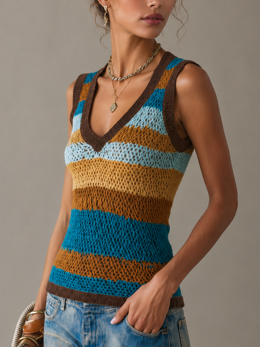 Striped Knit Color Block Sleeveless Top