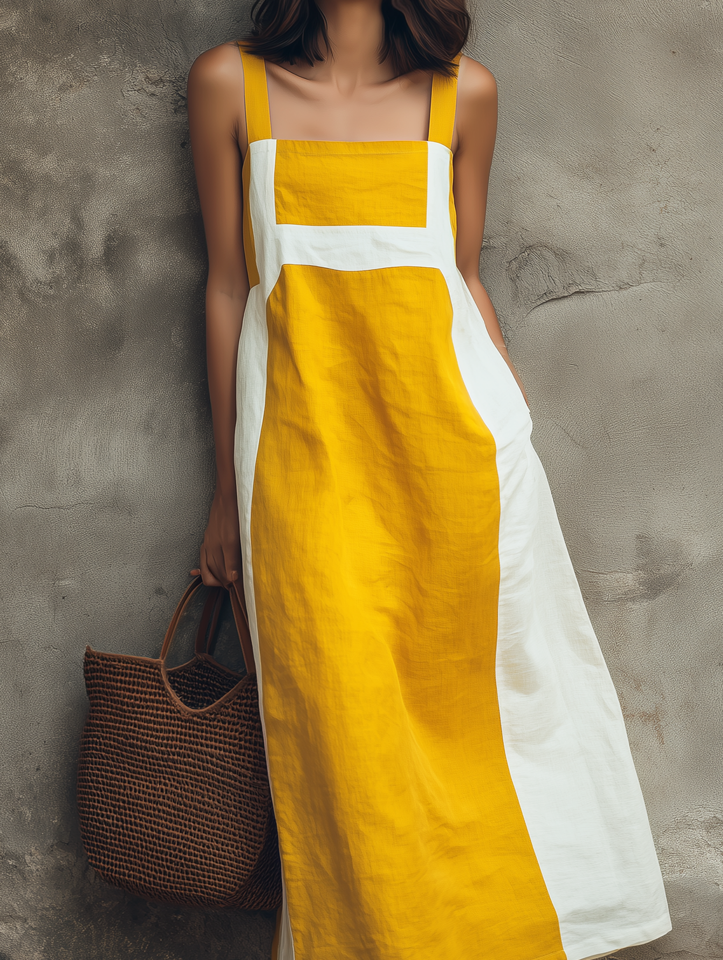 Women's Casual Yellow And White Color-block Cotton-linen Sleeveless Maxi Dress With Straps MDZ1781F9LXY