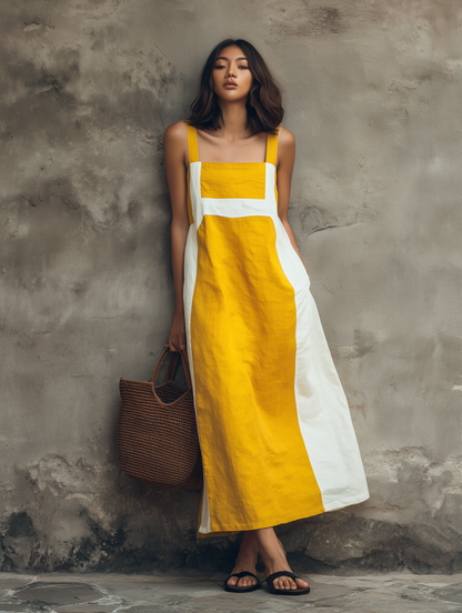Women's Casual Yellow And White Color-block Cotton-linen Sleeveless Maxi Dress With Straps MDZ1781F9LXY