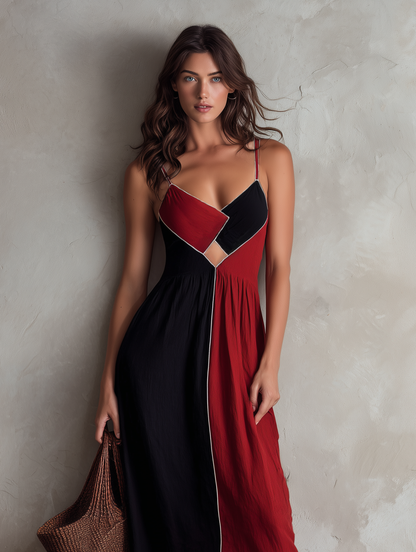 Women's Casual Red And Black Color-block Cotton-linen Sleeveless Maxi Dress With Straps MDZ1748F8LXY