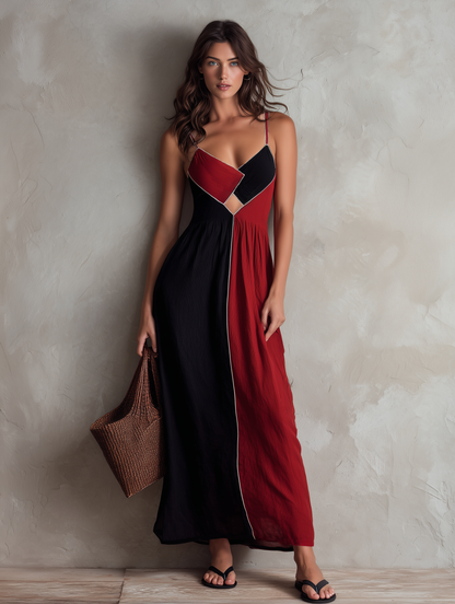 Women's Casual Red And Black Color-block Cotton-linen Sleeveless Maxi Dress With Straps MDZ1748F8LXY