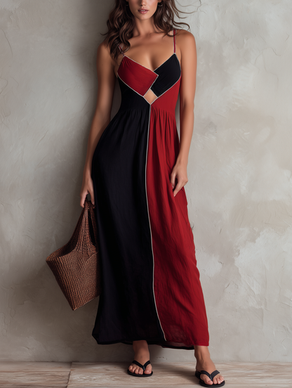 Women's Casual Red And Black Color-block Cotton-linen Sleeveless Maxi Dress With Straps MDZ1748F8LXY