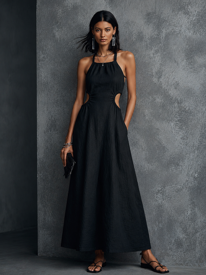 Women's Fashion Black Cotton Linen Halter Neck Hollow-Out Waist Fitted Back Tie Long Dress MDZ1713F6GMJ
