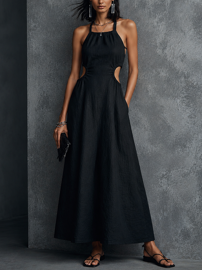 Women's Fashion Black Cotton Linen Halter Neck Hollow-Out Waist Fitted Back Tie Long Dress MDZ1713F6GMJ