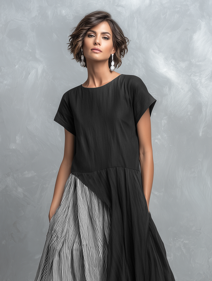 Women's Linen-Blend Striped Color-Block Short-Sleeve Maxi Dress MDZ1840F2WY