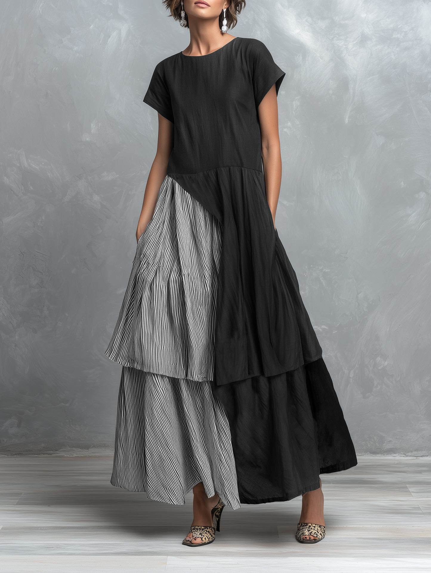 Women's Linen-Blend Striped Color-Block Short-Sleeve Maxi Dress MDZ1840F2WY