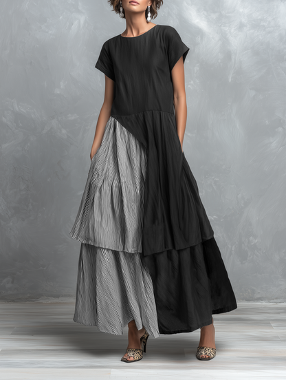 Women's Linen-Blend Striped Color-Block Short-Sleeve Maxi Dress MDZ1840F2WY