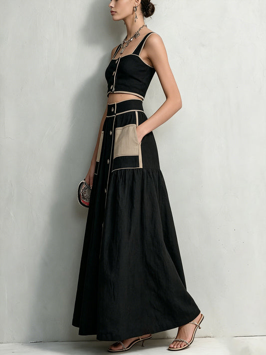 Black Contrast Patch Pocket Button-Up Crop Top & Maxi Skirt Set
