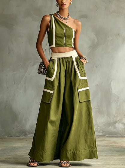 Olive Green One-Shoulder Zip Front Crop Top & Wide-Leg Pocket Pants Set