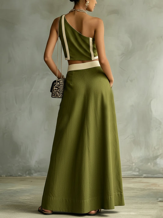 Olive Green One-Shoulder Zip Front Crop Top & Wide-Leg Pocket Pants Set