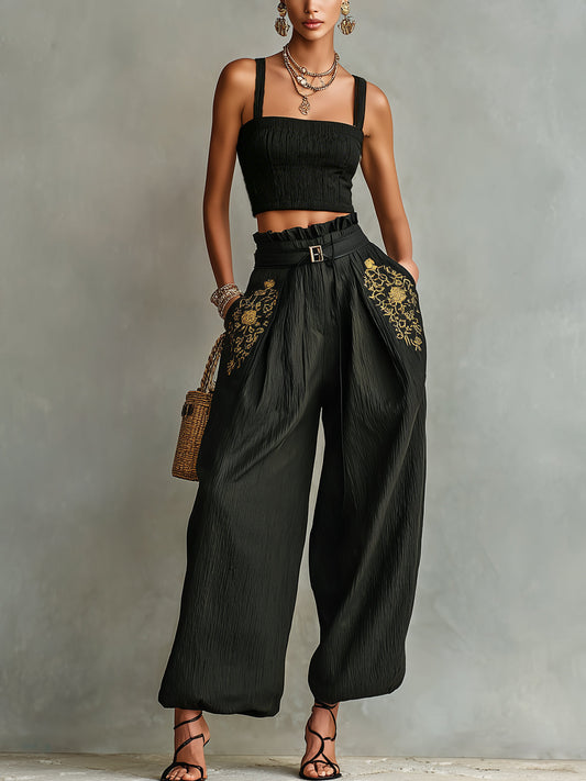 Black Smocked Crop Top & Wide-Leg Belted Pants Set With Embroidered Pockets