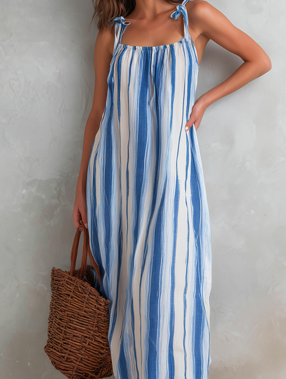 Women's Casual Blue Striped Cotton-linen Sleeveless Camisole Maxi Dress MDZ1857F3LXY