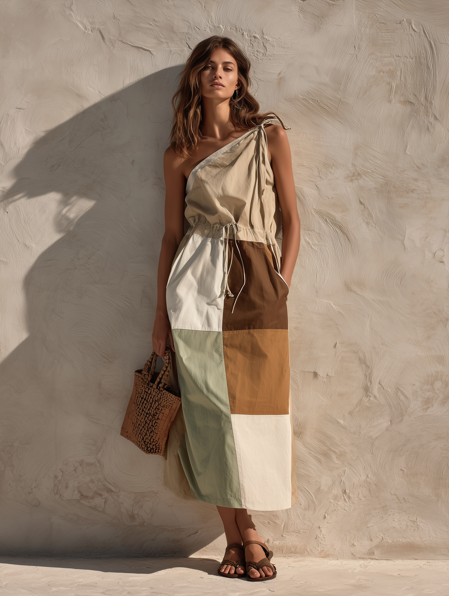 Women's Casual Khaki Color-blocked Woven One-shoulder Sleeveless Maxi Dress MDZ1836F2LXY