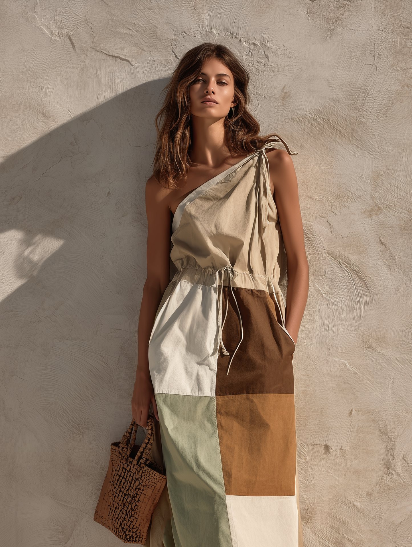 Women's Casual Khaki Color-blocked Woven One-shoulder Sleeveless Maxi Dress MDZ1836F2LXY