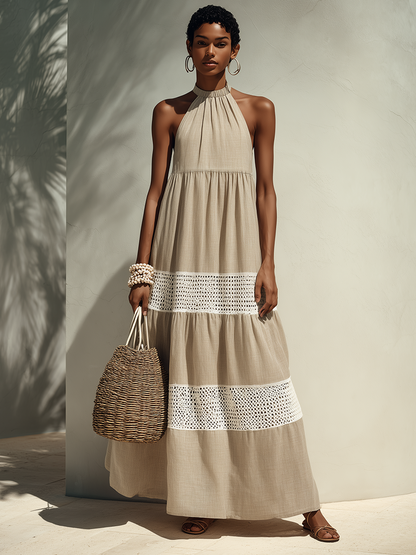 Women's Minimalist Beige Halter-Neck Maxi Dress With Cut-Out Crochet Paneling MDZ2282F8ZRK