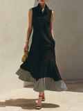 Women's Black Sleeveless Stand-Collar Shirt-Style Maxi Dress With Striped Ruffle Hem MDZ2289F8ZRK