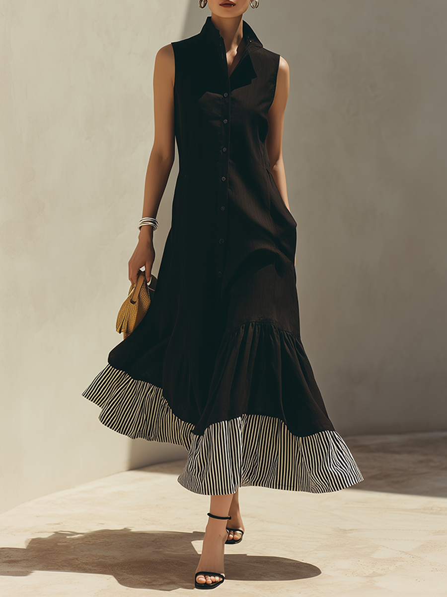Women's Black Sleeveless Stand-Collar Shirt-Style Maxi Dress With Striped Ruffle Hem MDZ2289F8ZRK