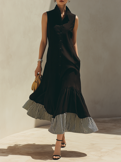 Women's Black Sleeveless Stand-Collar Shirt-Style Maxi Dress With Striped Ruffle Hem MDZ2289F8ZRK