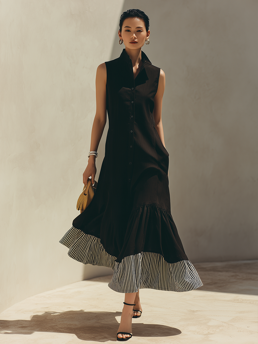 Women's Black Sleeveless Stand-Collar Shirt-Style Maxi Dress With Striped Ruffle Hem MDZ2289F8ZRK