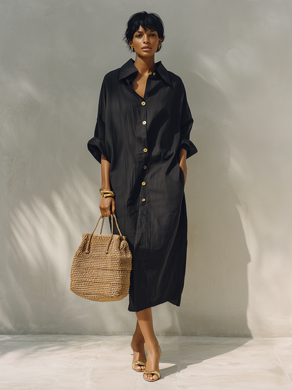 Women's Minimalist Solid Black Midi Shirt Dress MDZ2259F0ZRK