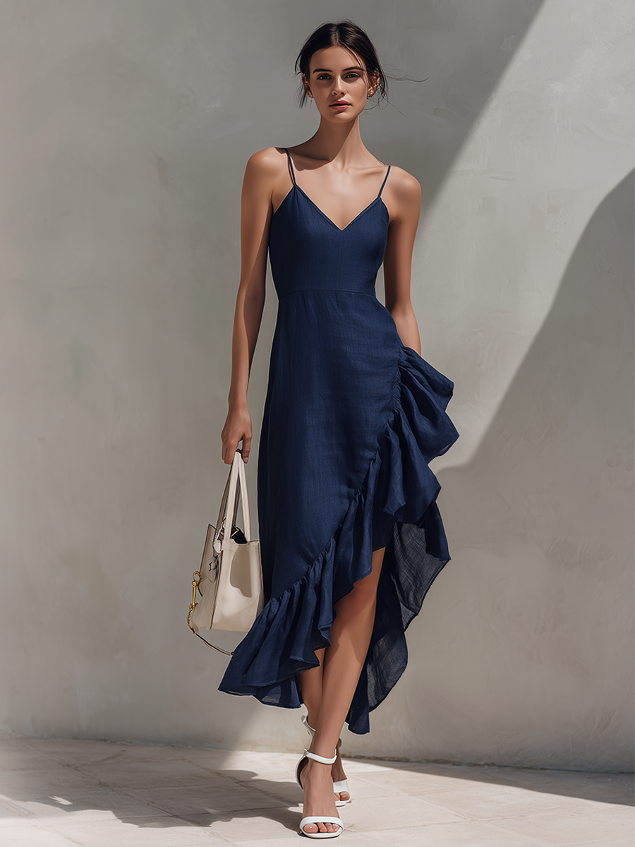 Women's Minimalist Navy Maxi Dress With Asymmetric Ruffled Hem MDZ2273F6ZRK