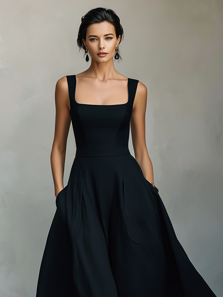 Women's Black Cotton-Blend Maxi Dress With Wide Square Neck Thick Straps & Side Patch Pockets, Minimalist Elegant Formal Swing Dress MDZ2269F2LYL