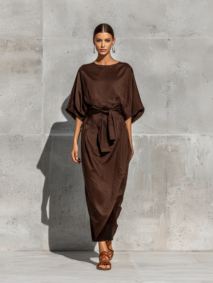 Women’s Chocolate Brown Satin Crew Neck Batwing Short Sleeve Self Tie Waist Wrap Split Midi Dress With Side Pockets MDZ2298F1T