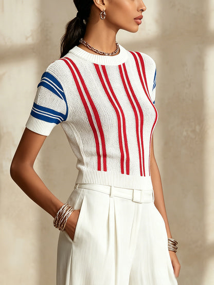 White Knit Short Sleeve Top With Red And Blue Stripes