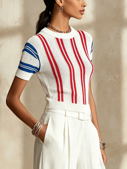 White Knit Short Sleeve Top With Red And Blue Stripes