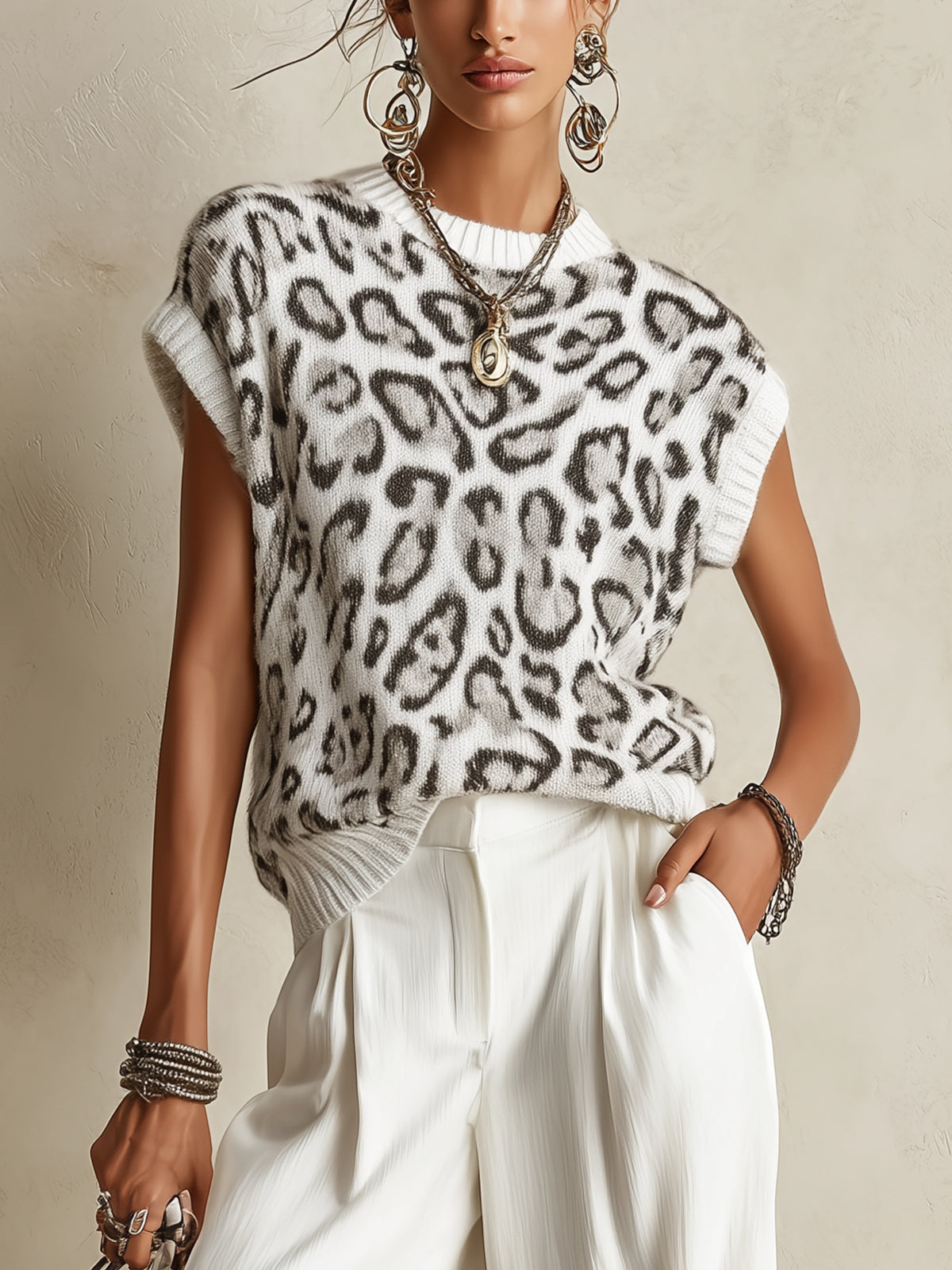 White Leopard Print Knit Sleeveless Top
