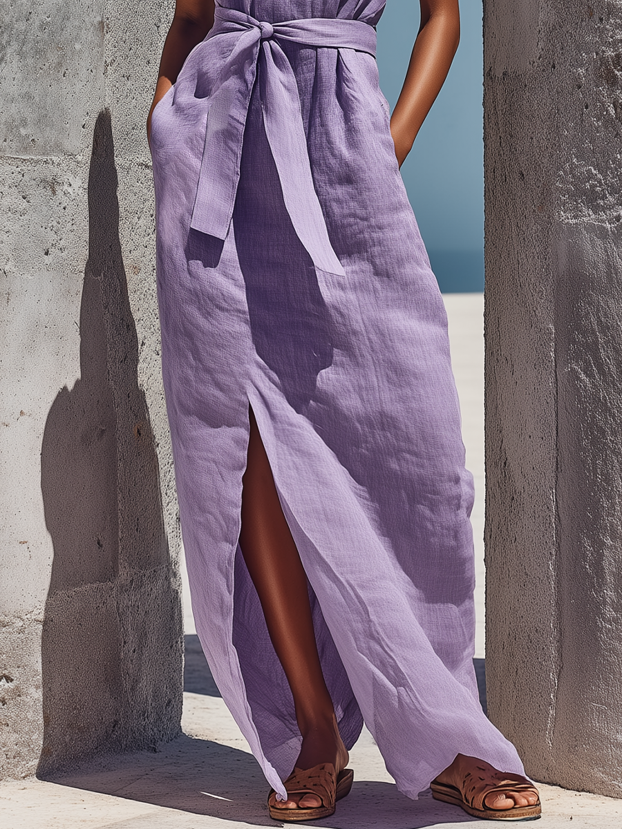 Women’s Lavender Linen Sleeveless Crew Neck Self Tie Waist Front Side Slit Maxi Dress With Side Pockets MDZ2277F9T