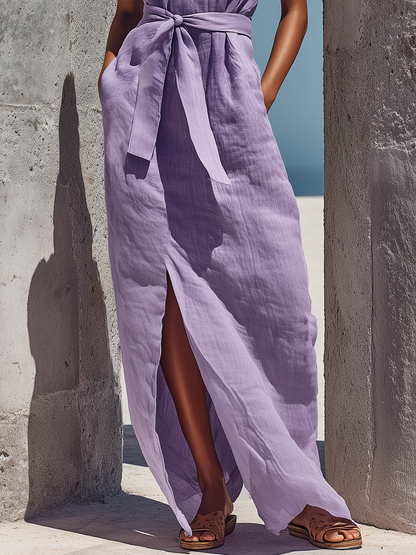 Women’s Lavender Linen Sleeveless Crew Neck Self Tie Waist Front Side Slit Maxi Dress With Side Pockets MDZ2277F9T