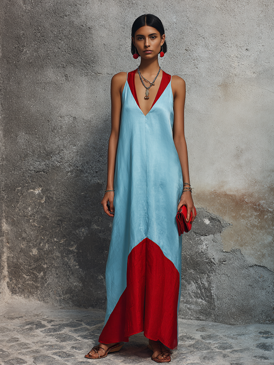 Women Retro Vacation Style Light Blue And Bright Red Color Block Satin V-Neck Sleeveless Spliced Maxi Dress MDZ2208F5GMJ