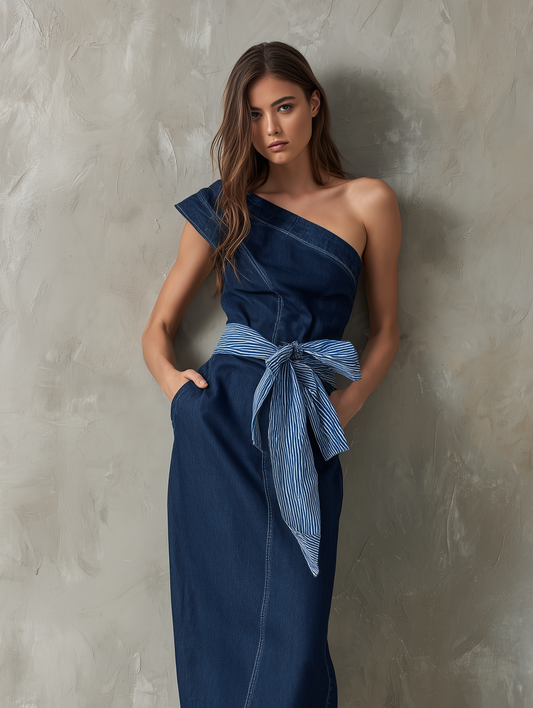 Women's Casual Denim One-Shoulder Sleeveless Midi Dress (Belt Included) MDZ2311F6LXY