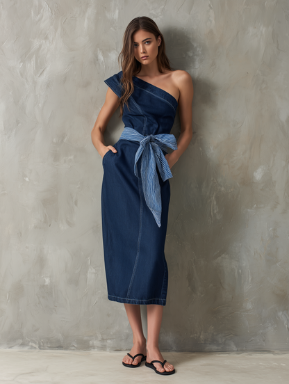 Women's Casual Denim One-Shoulder Sleeveless Midi Dress (Belt Included) MDZ2311F6LXY
