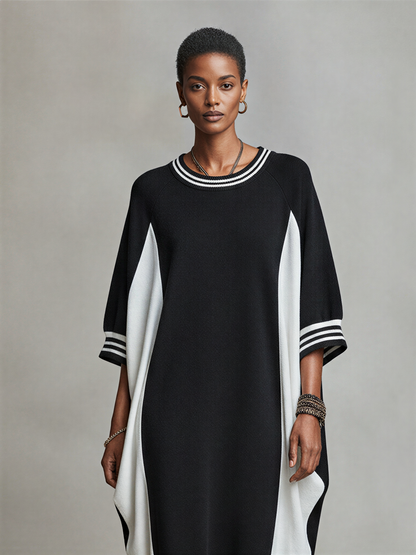 Women's Two-Tone Side Panel Loose Sweatshirt Midi Dress With Striped Trim Neck & Cocoon Silhouette, Versatile Loungewear Shift Dress MDZ2392F9LYL