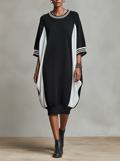 Women's Two-Tone Side Panel Loose Sweatshirt Midi Dress With Striped Trim Neck & Cocoon Silhouette, Versatile Loungewear Shift Dress MDZ2392F9LYL