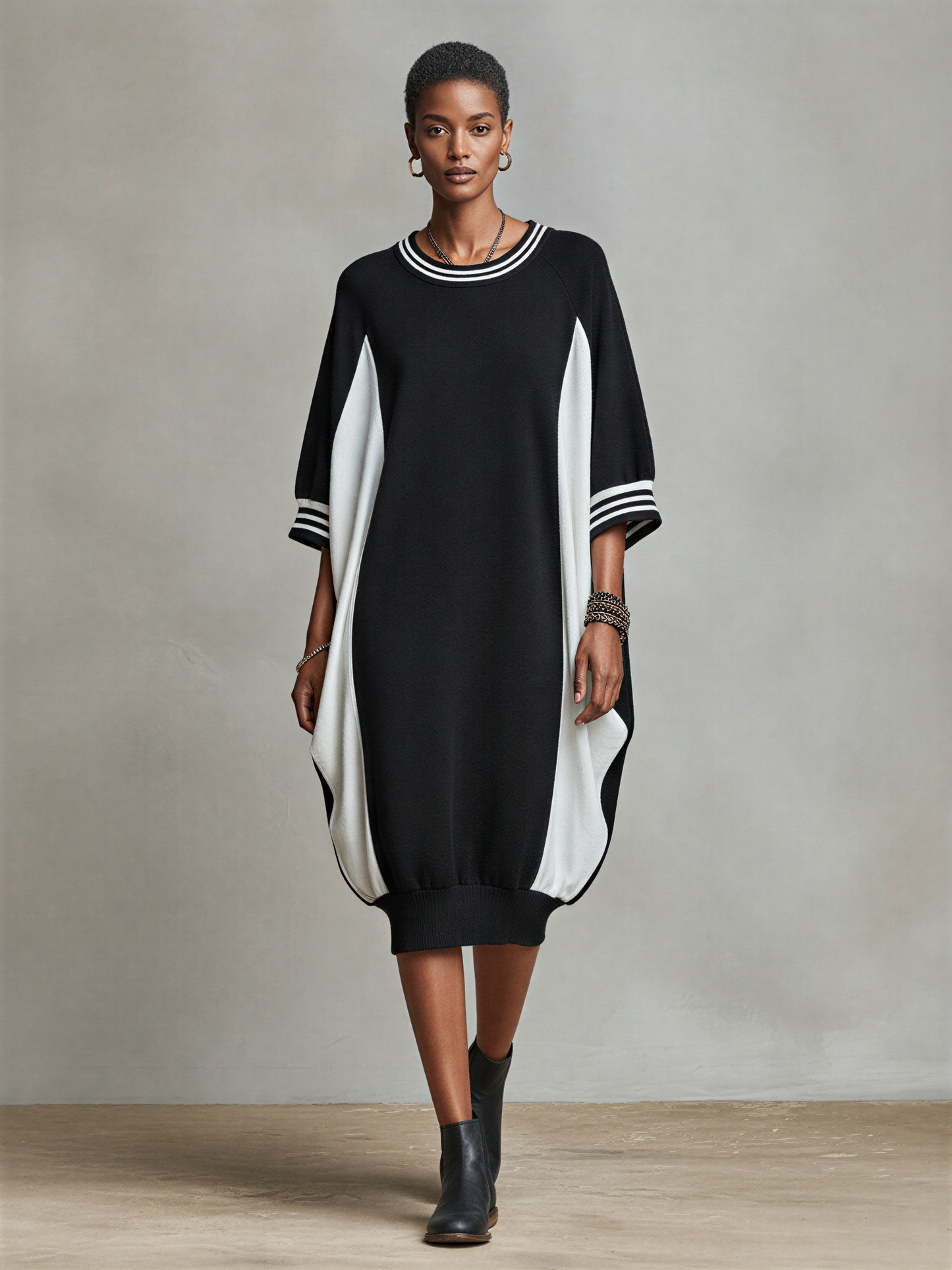 Women's Two-Tone Side Panel Loose Sweatshirt Midi Dress With Striped Trim Neck & Cocoon Silhouette, Versatile Loungewear Shift Dress MDZ2392F9LYL