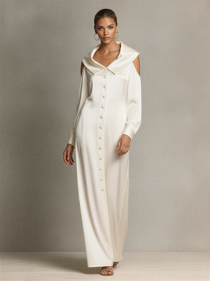 Women's Ivory Silky Satin Shirt Gown With Oversized Lapel Collar & Shoulder Cutout Detail, Minimalist Luxury Elegant Evening Gown MDZ2367F6LYL